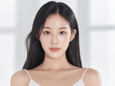 Asian Female model for cosmetic advertising. Beauty skin woman with bare shoulder on white background.
