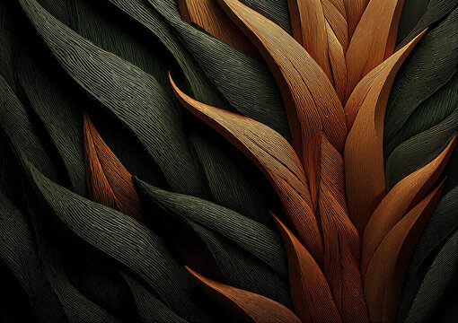 Abstract Organic Leaf and Feather Texture. Rich Dark Green and Burnt Orange Engraved Pattern. Luxurious Botanical Background for Modern Interior and Graphic Design