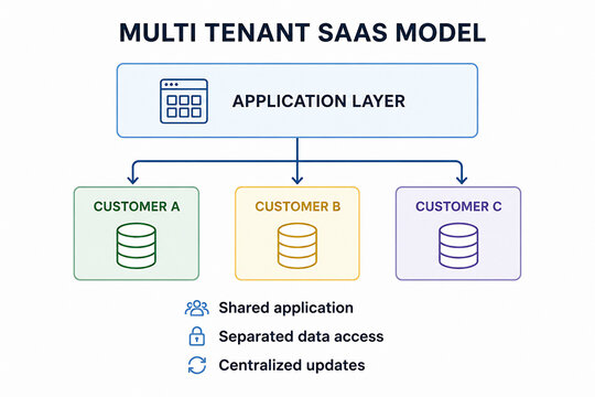 A diagram illustrates the multi-tenant SaaS model where a shared application layer serves multiple distinct customers with separated data access and centralized updates.