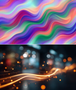 Composite Image of Abstract Liquid Wave Pattern with Iridescent Colors and Blurred Night City Bokeh with Golden Light Trails.