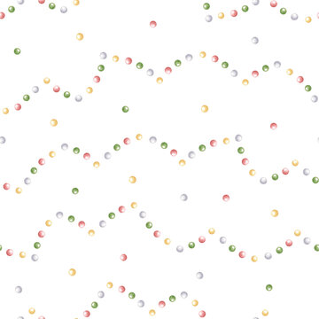 Abstract Christmas watercolor seamless pattern with round candies polka dots in pastel red, green and yellow colors. Hand drawn minimalist sweet garlands for holiday repeat backgrounds