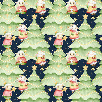 Cartoon baby lambs and goats with Christmas trees and stars at night watercolor seamless pattern on dark blue. Cute hand drawn animal characters in winter clothes for New year holiday designs