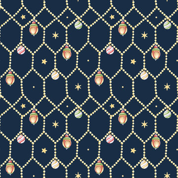 Christmas lights garland with lanterns, stars and baubles at night watercolor seamless pattern on dark blue. Hand drawn festive repeat background for New Year winter holiday