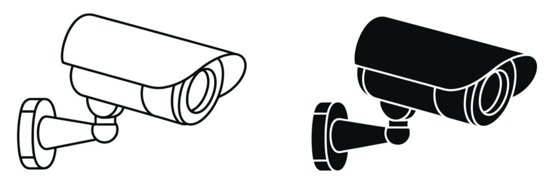 Security camera surveillance icon set featuring CCTV monitoring, video recording, safety protection and observation symbols vector collection.