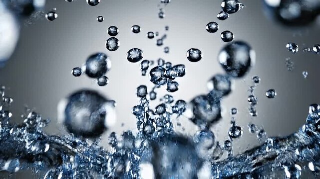 Super slow motion of water splashing outward with blue crystal droplets