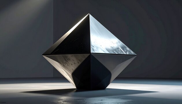 Modern geometric glass pyramid structure on reflective surface.