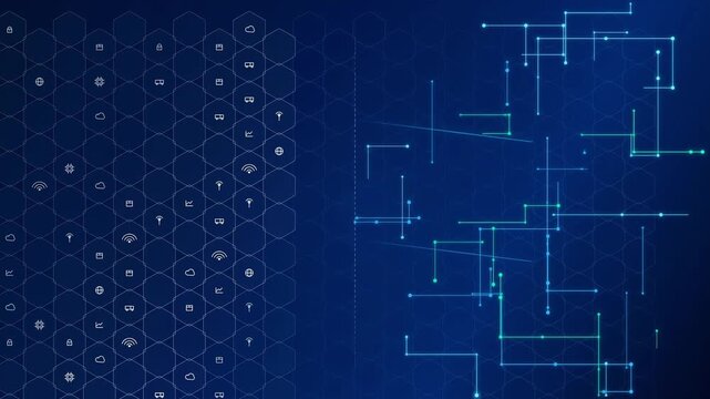 A video of a data network that combines the honeycomb pattern of icons with electronic circuits.