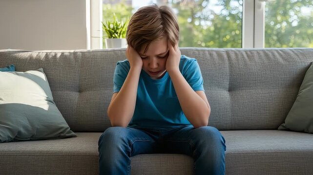 A boy sits on a sofa, clutching his head, suffering from a severe headache and worries.