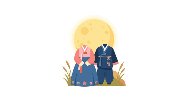 Traditional Korean hanbok outfits for a couple displayed without heads.