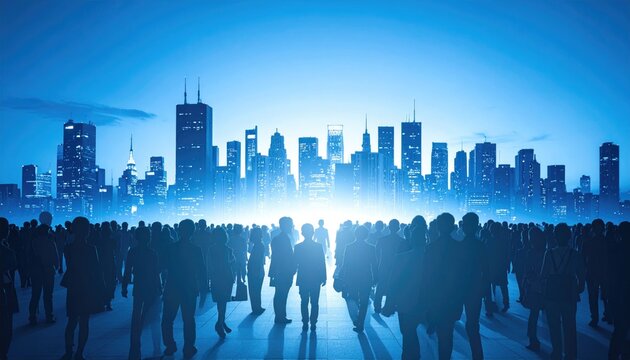Silhouetted crowd faces a bright city skyline with towering buildings and a radiant light emanating from the horizon