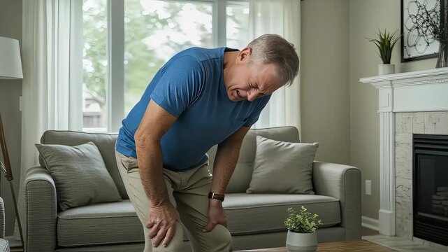 A senior man, suddenly struck by severe knee pain in his living room, stands frozen, his face contorted in pain, clutching his knee with both hands.