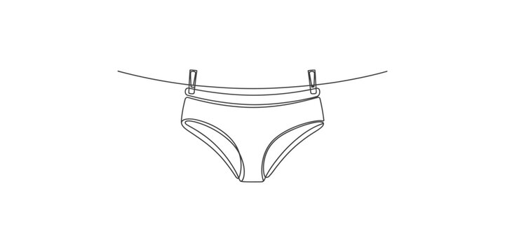 A line drawing of womens underwear hanging on a clothesline with clips