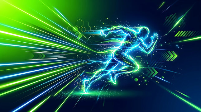 Abstract digital runner silhouette sprinting with neon light trails and motion blur speed.