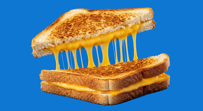 Gooey Grilled Cheese Sandwich Pull Apart on Bright Blue Background