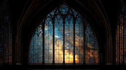 Fototapeta premium A grand gothic cathedral window showcasing a vibrant galaxy and starry night sky.