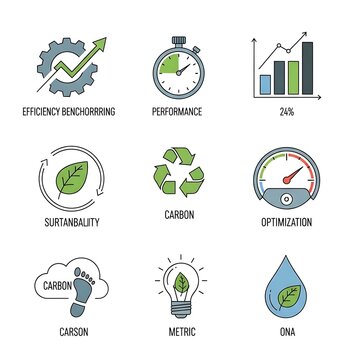 Sustainable business growth metrics and efficiency icons.
