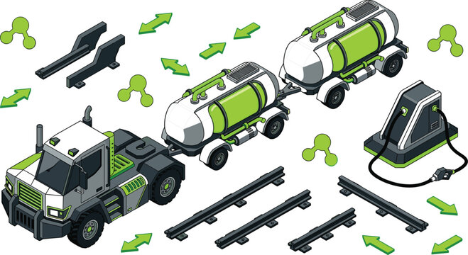 Isometric futuristic eco fuel truck vector set with modular tanker trailer elementsIsometric futuristic eco fuel truck vector set with modular tanker trailer elements