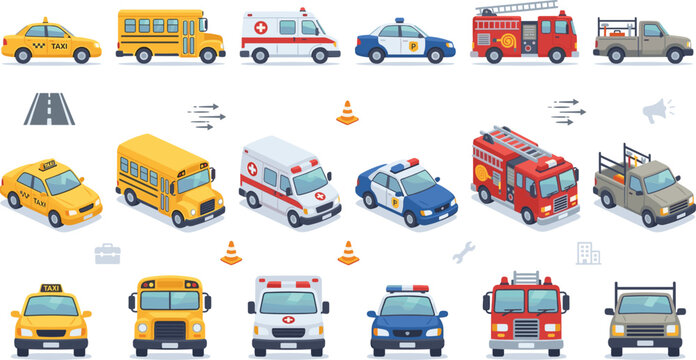 Urban transportation vehicle vector element kit showing flat taxi yellow school bus emergency ambulance police patrol cruiser and heavy fire truck collection on background