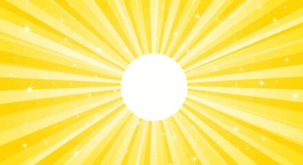 Fototapeta premium Bright yellow sunburst background with radial rays sparkling stars and central white circle frame
