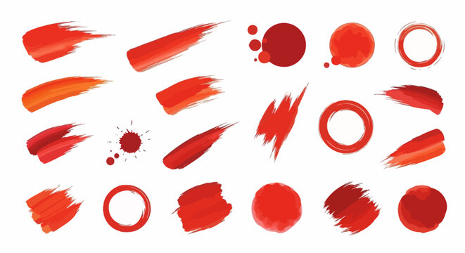 Set of red paint brush strokes circles and ink splatters on white background