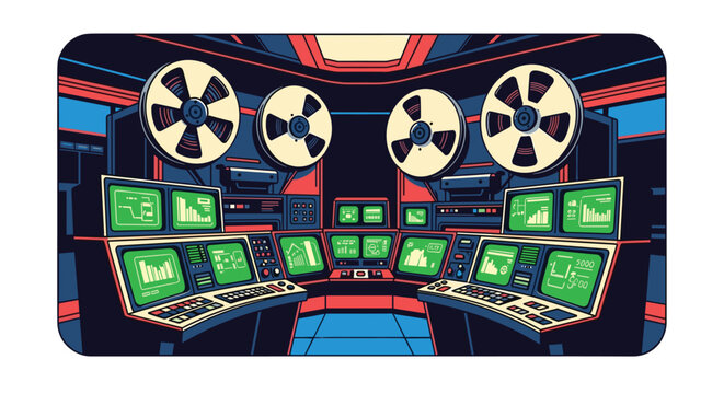 A retro control room features large vintage reel-to-reel tape machines mounted above dark consoles displaying multiple glowing green data screens in a dark environment.