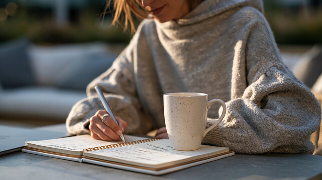 Over the shoulder view of young woman assembling weekly accountability partner agenda in spiral planner, deliberate formatting visible, each partner's name heading separate