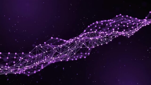 A 3D abstract background of a digital network where purple glowing particles and lines move in a wave-like, synchronized motion.