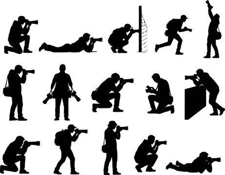 Sports photographer cameraman action silhouettes vector set isolated