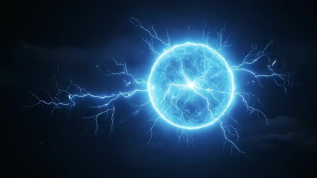 A CG video of a blue plasma ball and lightning violently discharging electricity in dark clouds.