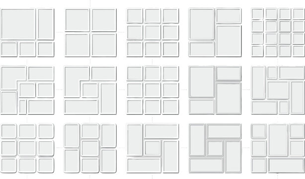Blank social media photo grid template set featuring multi panel mood boards geometric frames college collage layouts and mosaic mockup boxes isolated on white background