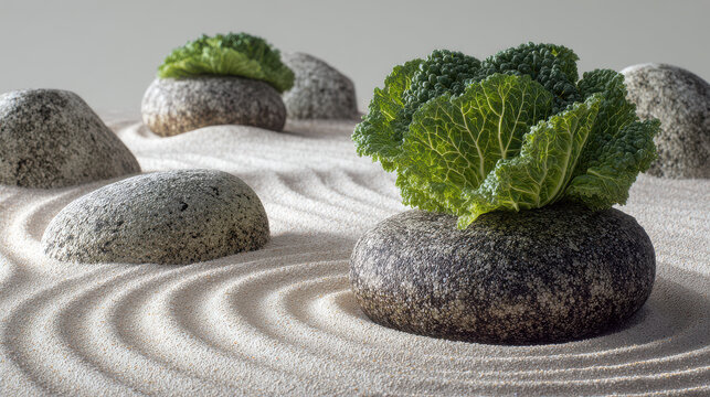 Minimalist Japanese Zen Garden with Green Cabbage Plant and Raked Sand.