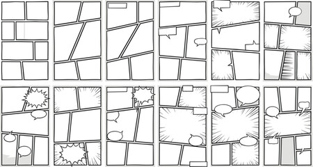 Blank comic book page layout vector template set featuring empty panels speed lines storyboards and speech balloons manga illustration elements isolated on background © Sujon Shah