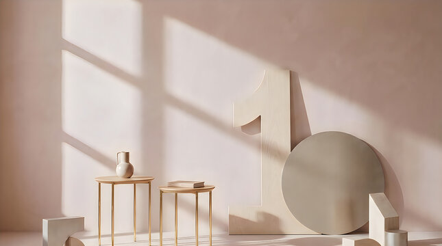 Modern interior with pink wall and gold tables
