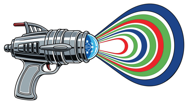 A vintage style metallic science fiction blaster projects multiple concentric rainbow colored light rings from its glowing blue lens aperture on a solid white surface.
