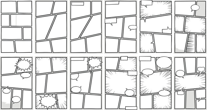 Blank comic book page layout vector template set featuring empty panels speed lines storyboards and speech balloons manga illustration elements isolated on background