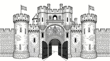 Medieval castle entrance gate with stone towers and flags © rofik
