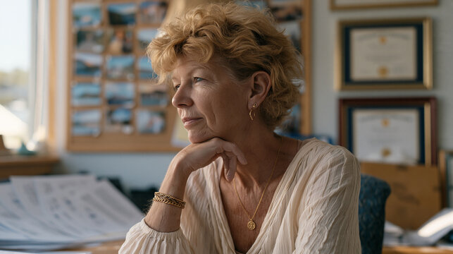 Long term volunteer program coordinator reviewing decade of service photos pinned to corkboard in nonprofit headquarters office, individual recognition letters fanned across desk,