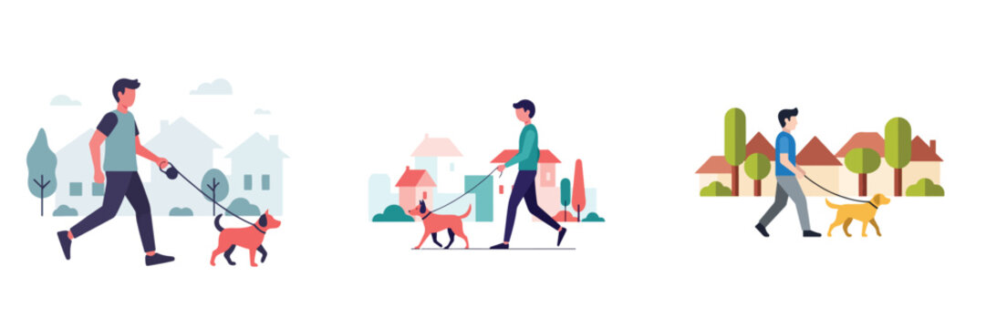 Set of three flat vector illustrations depicting men walking with their pet dogs in residential neighborhoods for daily outdoor activities