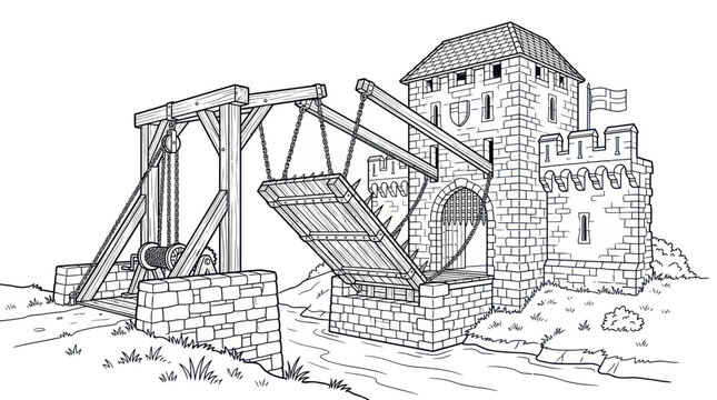 Medieval castle gate with a raised drawbridge over a moat