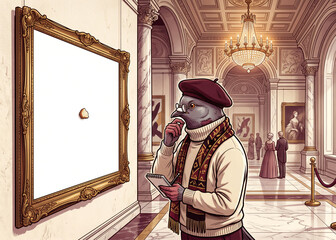 Fototapeta premium Pigeon Art Critic in Beret Contemplating Breadcrumb Masterpiece in Grand Museum Gallery