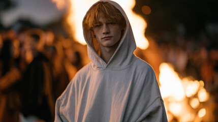Naklejka premium A high school student standing alone at the edge of a crowded autumn homecoming bonfire, hands deep in hoodie pockets, the glow catching his uncertain expression as teenage