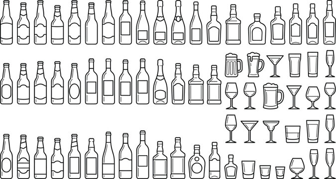 Alcoholic beverage bottles and glassware line icon set featuring beer wine whiskey champagne whiskey glasses wine goblets pint mugs and shots outline vector elements isolated on background