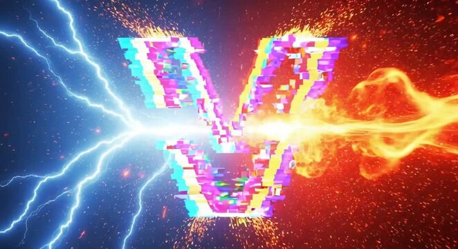 Glitch letter v clashing between fire and lightning in a dark cinematic space with intense energy.