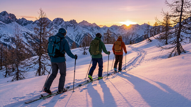 Group of backcountry skiers touring through pristine snow-covered alpine terrain as the sun rises over dramatic mountain peaks.