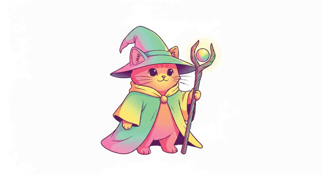 Cute magical cat wizard with staff and hat.