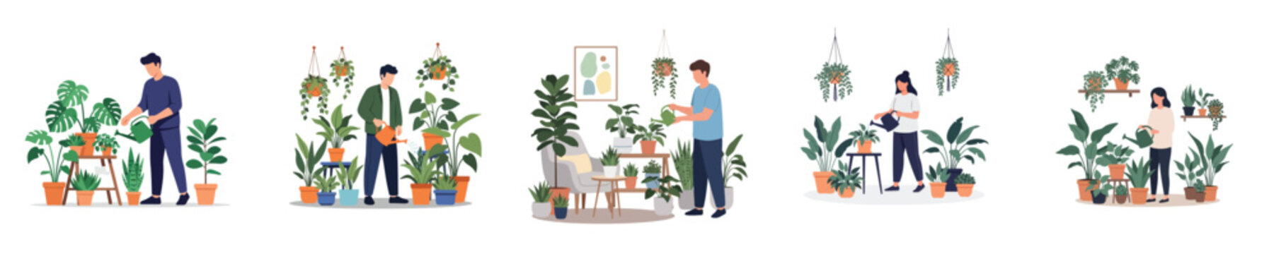 People Caring for Indoor Houseplants and Gardening at Home Illustration Set