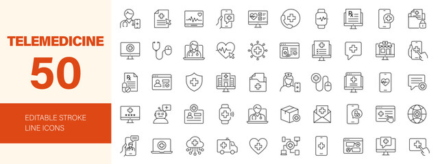 Telemedicine and Digital Healthcare icon set. Editable line icons. Vector illustration. © Dear Lala