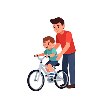 father and son riding bicycle 2d vector illustration