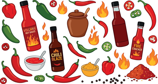 Spicy Hot Sauce and Chili Pepper Collection Vector Illustration Featuring Seasonings Condiments Flames and Fiery Ingredients