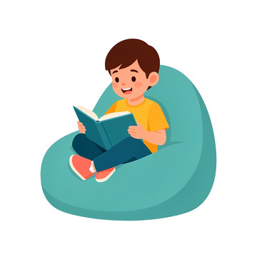 a kid reading book on a bean bag 2d vector illustration